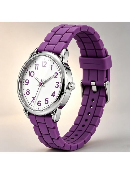 Women\'s Purple Big Face Easy Reader Silicone Strap Waterproof 35MM Wrist Watch main image 6